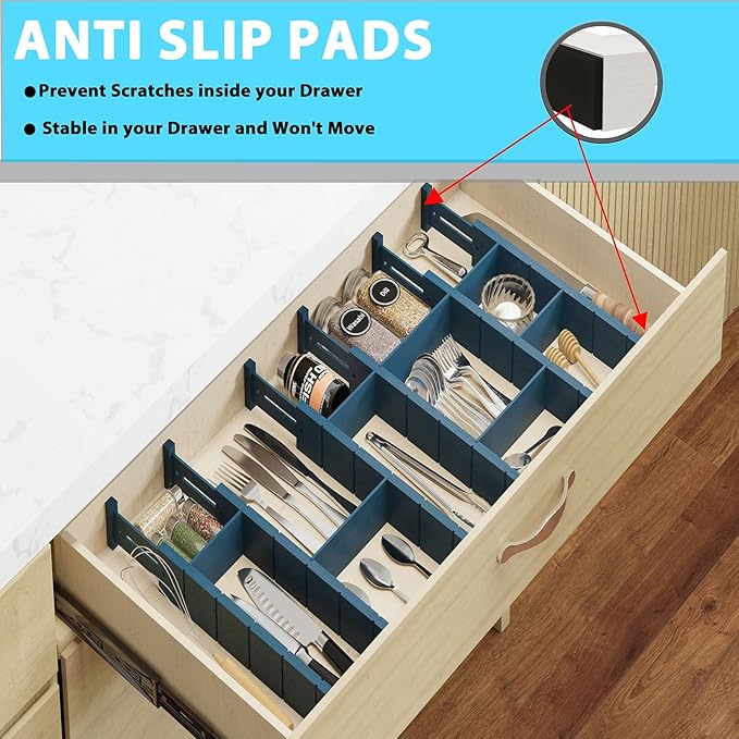 6 Pack Bamboo Drawer Dividers with 12 Inserts, Expandable Adjustable Clothes Drawer Organizers and Storage from 17" to 22" for Kitchen, Bedroom, Dresser, Cosmetics (Navy Blue)