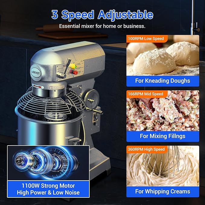 20Qt Commercial Stand Mixer with Timing Function,1100W Commercial Mixer 3-Speed Adjustable,Electric Stand Commercial Dough Mixer with Stainless Steel Bowl for Bakery Pizzeria