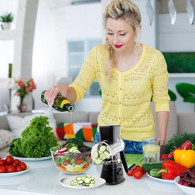 Rotary Cheese Grater Hand Crank - Counter Top 3 Blade Manual Cheese Shredder with Reinforced Suction, 3 Interchangeable Drums, Easy to Use Vegetable Chopper, Round Mandoline Slicer, Black