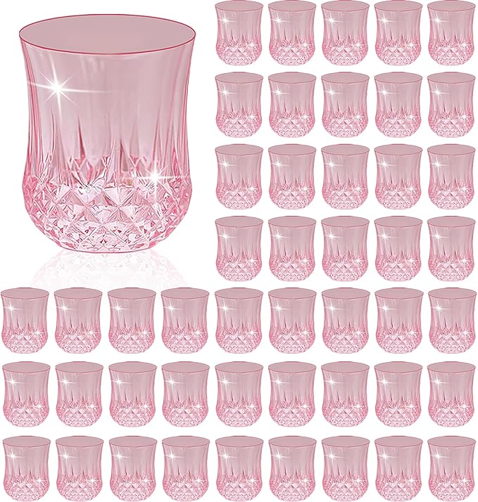 48 PCS Pink Stemless Wine Glasses,Colored Plastic Reusable Cups 9OZ Vintage Drinking Glasses Tumblers for Whisky, Beer, Juice, Beverages, Cocktai