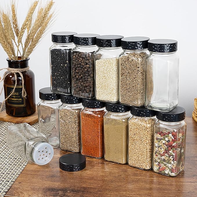 6pcs Black Spice Jars, 4 oz Glass Seasoning Bottles, Spices Container, Empty Spice Jars, Square Spice Bottles with Airtight Plastic Caps with Shaker Lids