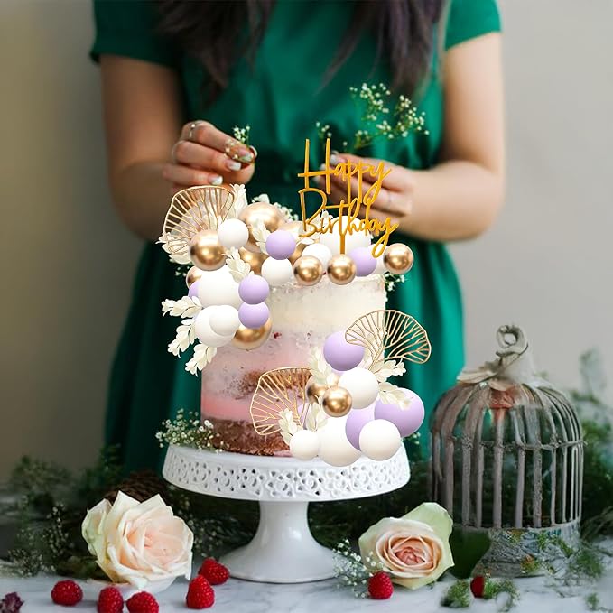 Gyufise 57Pcs Balls Cake Topper Boho Grass Cake topper Pearl Balls Acrylic Happy Birthday Cake Decorations for Wedding Baby Shower Birthday Boho Themed Party Supplies Purple