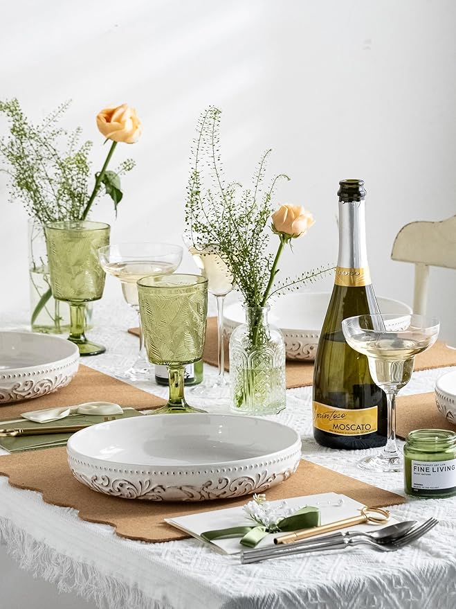 YHOSSEUN 9.75" Large Pasta Bowls, 50 OZ Salad Bowl Ceramic Serving Bowls Set of 4, Wide and Shallow Kitchen Bowl Plates Pasta Plates, Antique Morning Glory