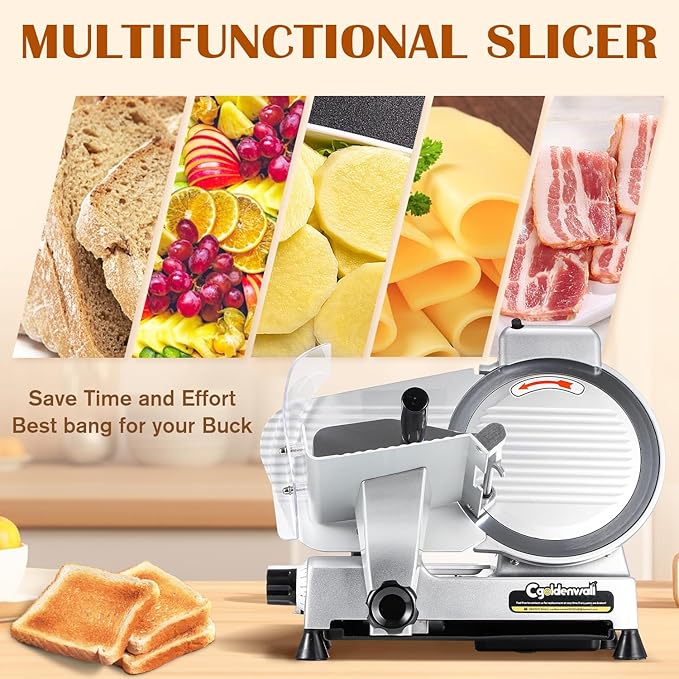 CGOLDENWALL Meat Slicer Machine, 10" 240W Electric Deli Meat Cheese Food Slicer, 0-1/2" Adjustable Thickness Semi-Auto Frozen Meat Slicer for Home & Commercial, Copper Motor Low Noise Durable