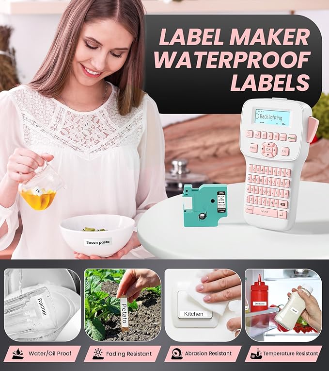 Pink Label Maker, Rechargeable Label Makers with Keyboard, Handheld Label Maker Machine with Bluetooth Backlit Large Display LM1600, Portable Labeler for Home & Office Organization School Kids