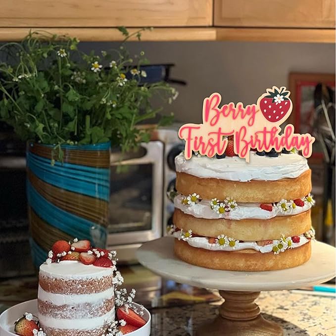 Berry First Birthday Cake Topper - Strawberry Cake Topper, Sweet One Birthday Cake Decoration for 1st Birthday Party, Anniversary, Baby Shower, Photo Booth Props, Cake Smash…