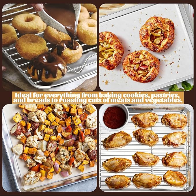 Metal Toaster Oven Tray Set, E-far 10.5”x8.3” Small Stainless Steel Baking Pan with Wire Rack for Cooking Broiling, Rimmed Metal Sheet for Roasting Cooling Cookie Bacon Steak