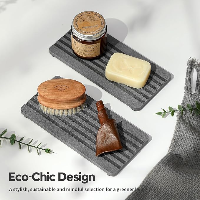 2PCS Diatomite Quick Stone Drying Tray Mat For Bathroom & Kitchen Counter, Instant Dry Water Absorbent Drink Bar Coaster,Vanity Sink Caddy Organizer,Dish Soap Sponge Holders, Charcoal,8"x3.8"