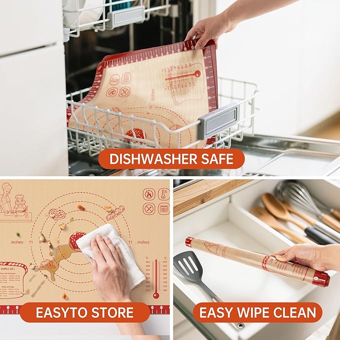 Extra Thick Silicone Mat for Baking, Silicone Baking Mat with 10 Easy Recipes, Non Stick Silicone Pastry Mat, kneading Dough Rolling Mat, Macaron, Cookie, bread, Pizza, Fondant/Pie Crust