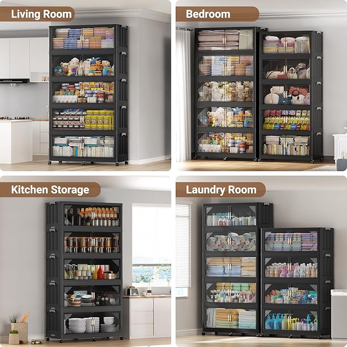 275Gal Plastic Stackable Storage Bins with Lid, 1100QT Extra Large Closet Organizers Collapsible Cabinets Boxes With Drawers, Foldable Containers with 6x Wheels for Home Kitchen, V60 5Pack Black