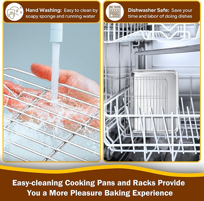 P&P CHEF 9 Inch Baking Sheet Pan with Rack Set, Stainless Steel Cookie Sheet Pan Tray with Cooling Rack for Oven Use, Cooking Roasting, Non Toxic & Dishwasher Safe, Heavy Duty