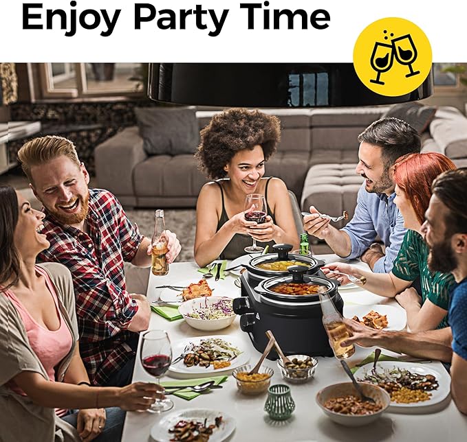 Sunvivi Double Slow Cooker,2 Pot Small Mini Crock Buffet Servers and Warmer,Dual Pot Oval Manual Slow Cooker with Adjustable Temp Removable Ceramic Pot,Stainless Steel, Total 2 * 1.25 Quarts Black