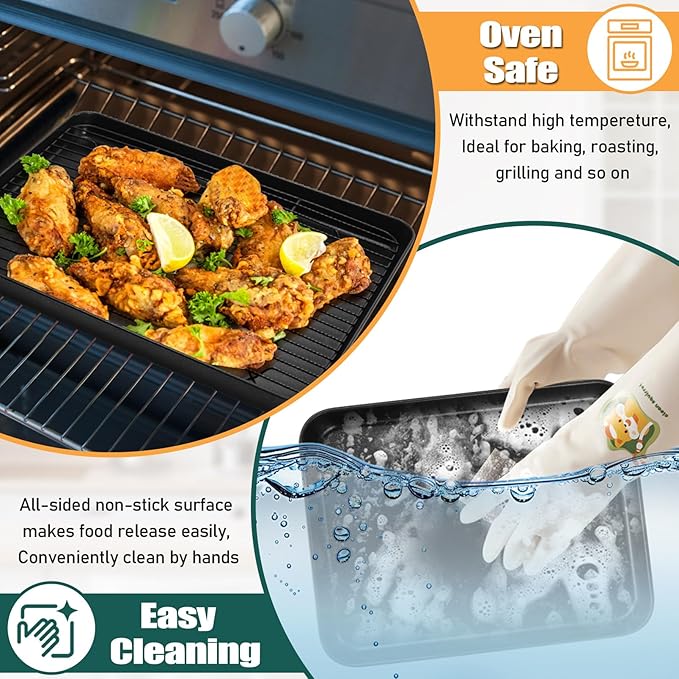 P&P CHEF Baking Oven Sheet Pan with Rack for Cookie, Nonstick Oven Tray and Cooling Rack for Baking & Roasting, Easy Clean, Black, 12.4 x 9.7 Inch