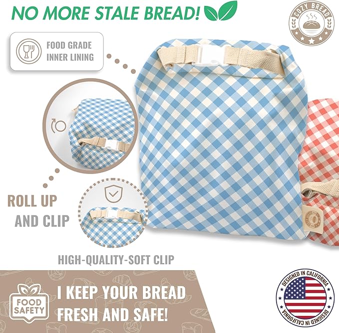 Cozy Bread® Reusable Bread Bag Set for Home Bakers | USA Brand | Charming Designs (Gingham)