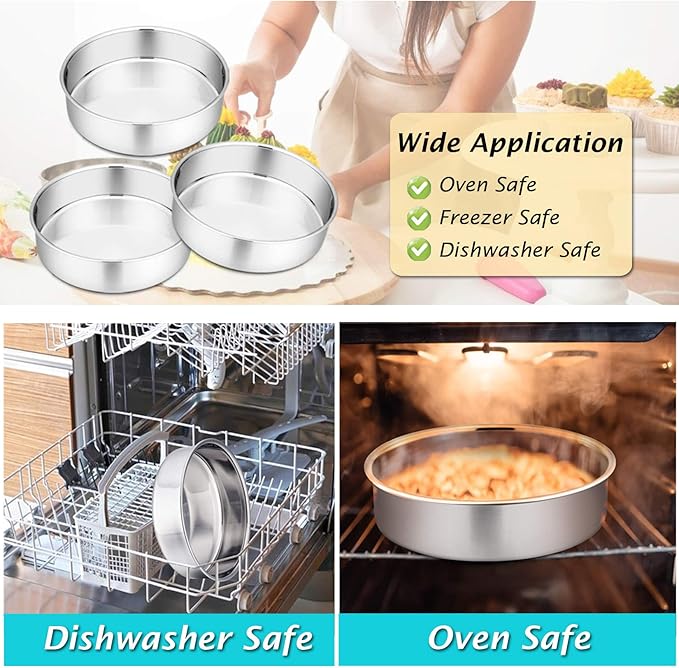 P&P CHEF 9.5 Inch Round Cake Pan Set of 3, Stainless Steel Round Baking Layer Pans Bakeware for Layer Birthday Cake, Fit Oven/Pots/Pressure Cooker, Leakproof & Dishwasher Safe, Silver