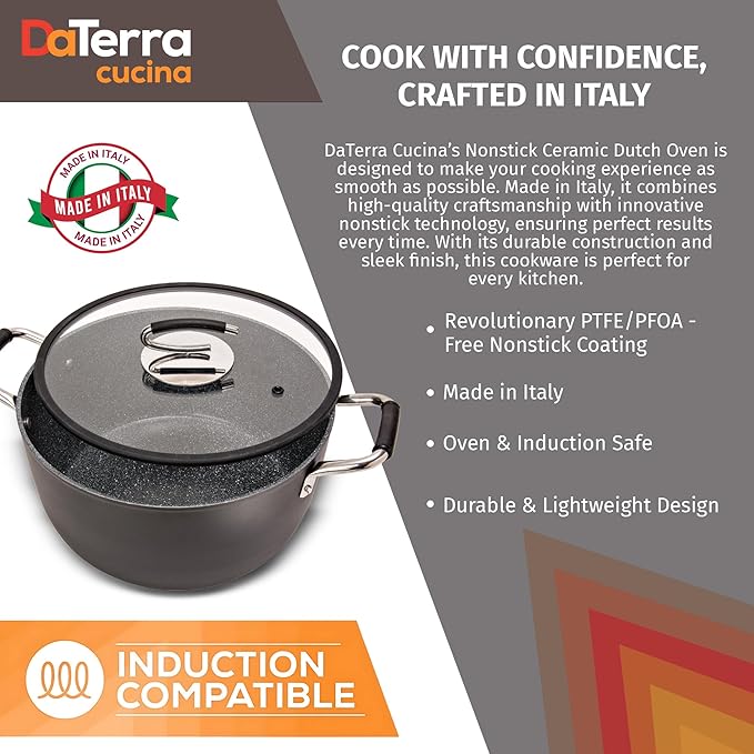 DaTerra Cucina - 8 Qt Nonstick Ceramic Dutch Oven with Lid – Large Stock Pot, Oven & Induction Safe, Heavy Duty, Lightweight, Lead & PFOA Free, Volcanic Black | Made in Italy