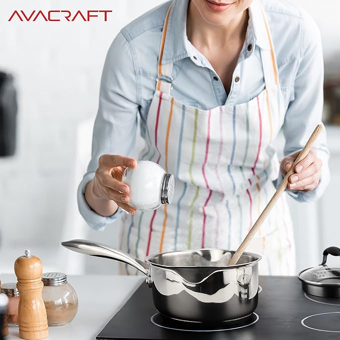 AVACRAFT Multipurpose Sauce Pan/Pot, Stainless Steel with Glass Strainer Lid, Two Side Spouts for Easy Pour with Ergonomic Handle (5-Ply Capsule Bottom, 1.5 Quart)