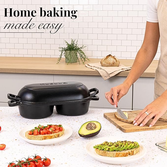 nuovva Dutch Oven for Sourdough Bread Baking – Enamelled Cast Iron Bread Loaf Pot – 500°F Oven Safe Non Stick Bread Pot – Double Round Loaf Space, 16.5cm Diameter, Black