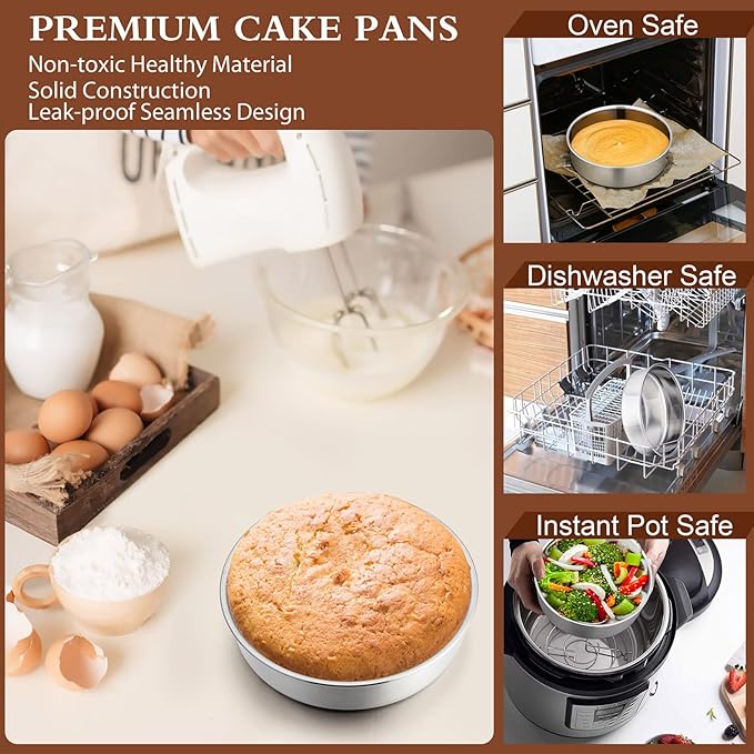 P&P CHEF 6 Inch Round Cake Pan Set of 3, Stainless Steel Round Baking Layer Pans Bakeware for Layer Birthday Cake, Fit Oven/Pots/Pressure Cooker, Leakproof & Dishwasher Safe, Silver