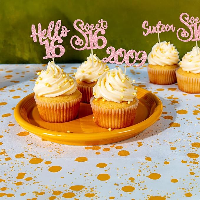 Gyufise 24Pcs Happy 16th Birthday Cupcake Toppers Glitter Hello 16 Sweet 16 Sixteen Years Old Cupcake Picks for Celebrating 16th Birthday Anniversary Party Cake Decorations Supplies Pink