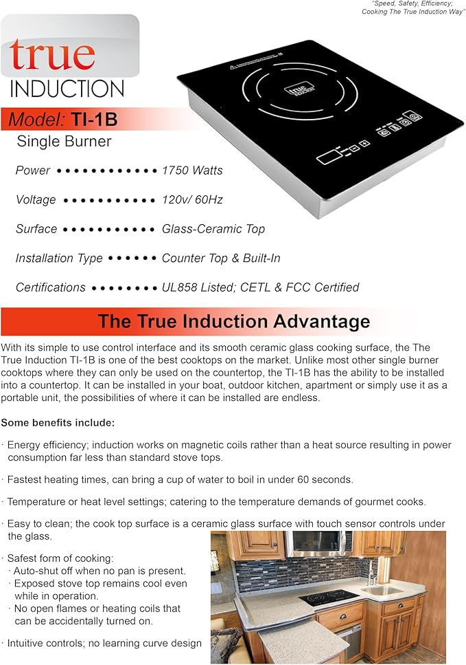 TI-1B 12 inch Built-In Single Burner Induction Glass-Ceramic Cooktop, 1750W, UL858 Certified