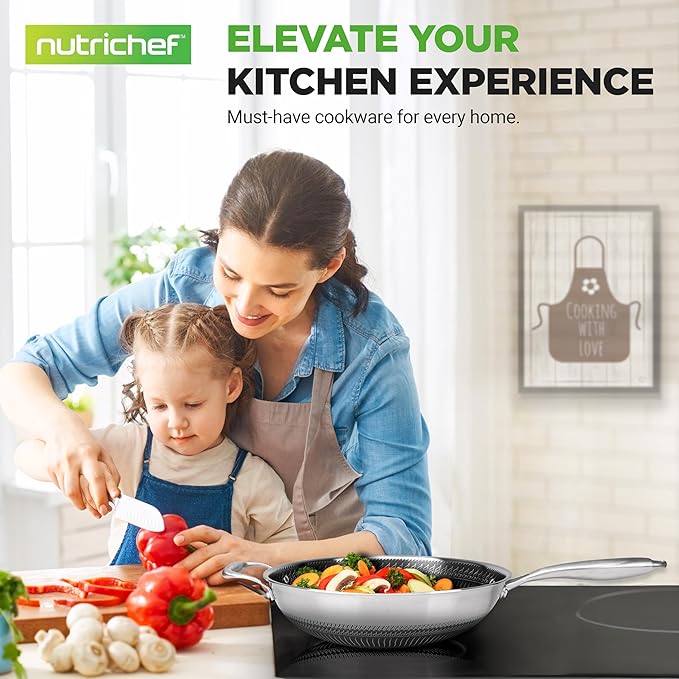 NutriChef 12" Stainless Steel Wok - Induction ready, Non Stick Tri-ply technology, Scratch-resistant Honeycomb Fire Textured Pattern