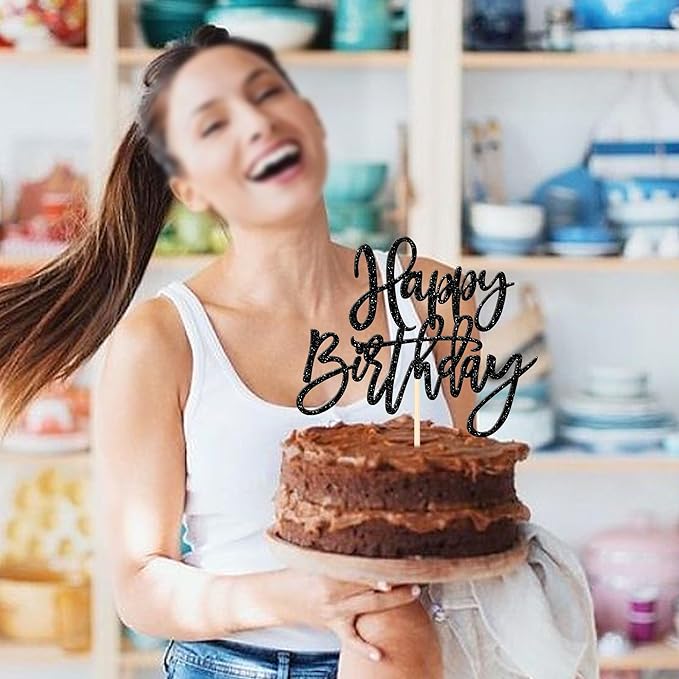 ZHUOWEISM 1 PCS Happy Birthday Cake Topper Glitter Happy Birthday Cake Pick for Celebrating Happy Birthday Anniversary Theme Party Cake Decorations Supplies Black