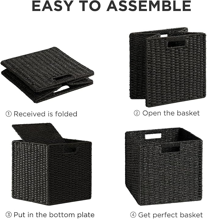 UBBCARE 2 Pack Wicker Basket, 11L×11H×10.5W inch Woven Paper Rope Storage Baskets for shelves, Foldable Cube Storage bin with Handle, Storage Basket for Organizing & Decor, Black