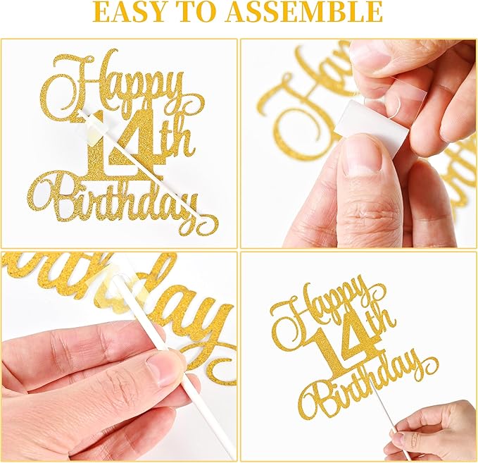 14th Birthday Cake Decorations, 14th Birthday Candles Cake Numeral Candles and Glitter Happy 14th Birthday Cake Toppers Set for Birthday Party Supplies (Gold)