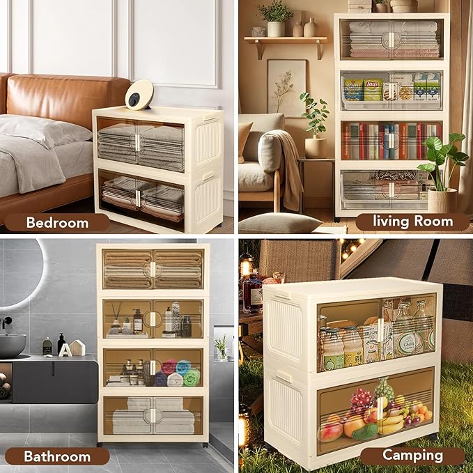 150GAL/600QT Large Storage Bins with 2 Lids, Stackable Collapsible Storage Bins with 8 Wheels & 2 Lids, Closet Organizers and Storage, 4 Packs Folding Plastic Clothes Storage Cabinet for Home Office