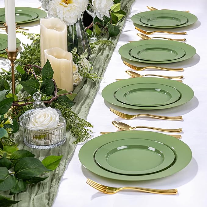 I00000 200 Pcs Green Plastic Plates, Green Disposable Plates Include 100 Dinner Plate 10’’ and 100 Dessert Plate 7’’ Perfect for Birthday, Party & Wedding