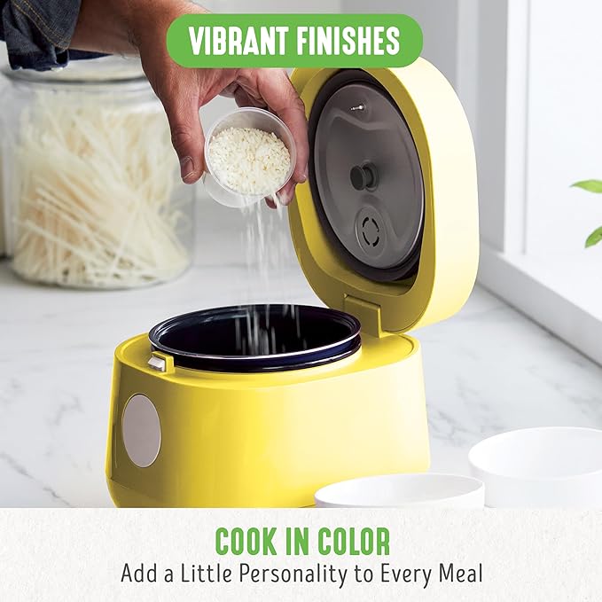 GreenLife Digital Rice Cooker, 2-Cups Uncooked/4-Cups Cooked, Removable Nonstick Ceramic PFAS-Free Pot, One-Touch Presets, Oats, Quinoa, Brown Rice, Auto Keep Warm, Fuzzy Logic Tech, 1.5 QT, Yellow