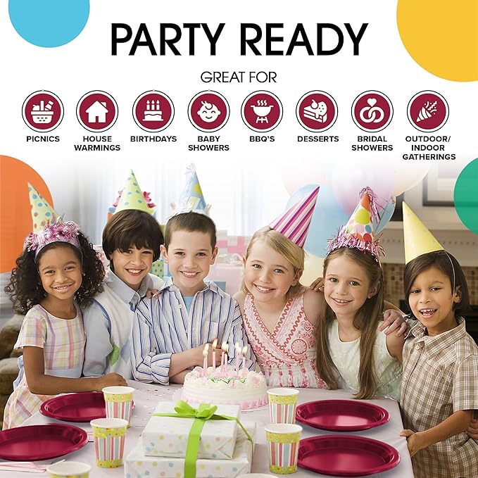 Exquisite Party Solids Burgundy Plastic Plates For Party 7" Burgundy Disposable Plates Heavy Duty Supplies 100 Pcs Plastic Dinnerware Sets Heavy Duty 350 GSM Disposable Dinnerware Set