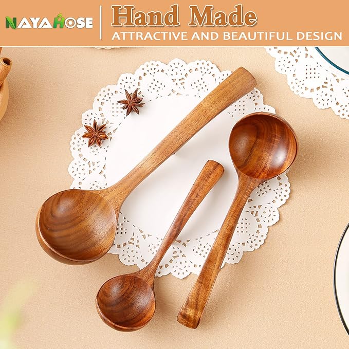 Wooden Ladles Soup Set, 3 Size Wooden Spoons For Cooking, Non-Stick Wooden Spoon, Natural Teak Wood Cooking Spoons, Kitchen Utensils set
