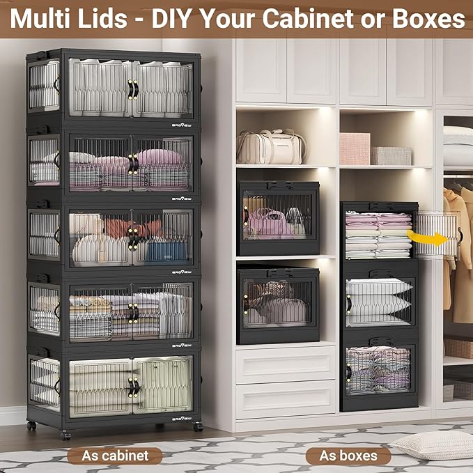 360QT Large Stackable Storage Bins with Lids, Plastic Closet Organizer and Storage Drawer, Collapsible Storage Box with Wheels, Folding Storage Cabinet with Doors for Home Kitchen, 3Pack Black