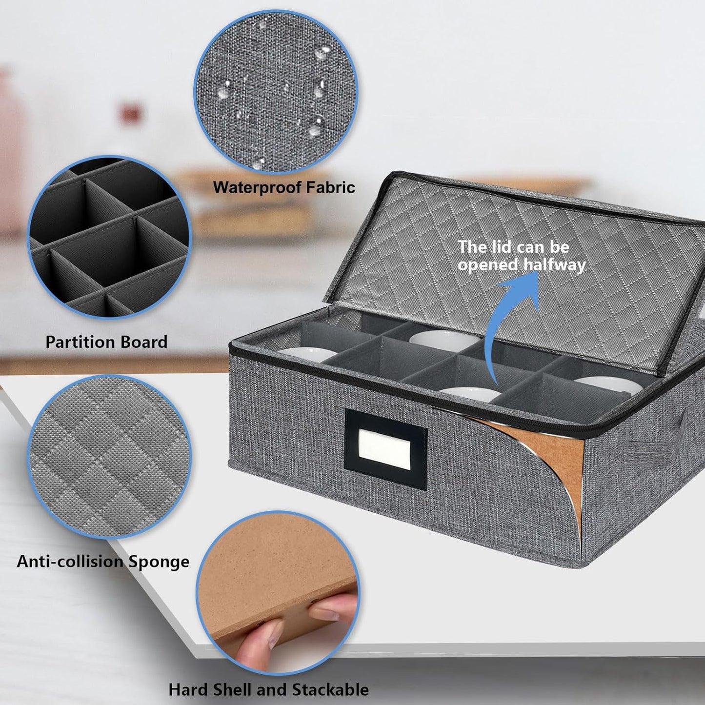 homyfort Mug Coffee Storage Box with Dividers - Stackable Glass China Storage Containers Hard Shell with Lid, Label and Handles, Holds 12 Coffee Mugs and Tea Cups (Dark Grey)