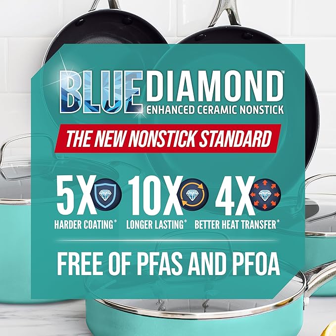 Blue Diamond 8" Nonstick Frying Pan Skillet, Diamond Infused PFAS & PTFE-Free Ceramic Pot, Dishwasher & Oven Safe, Stay Cool Handle, Durable Non Toxic Metal Utensil Safe, Egg & Omelet Pan, Turquoise