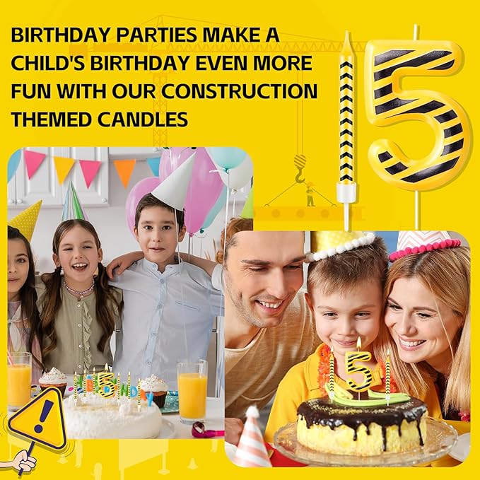 13 Pcs Construction Themed Birthday Candles Set Yellow and Black Number 5 Candle Cake Topper for Construction Party Decoration Supplies (Number 5)