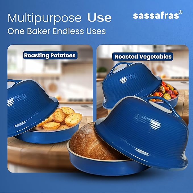 Sassafras Superstone® Stoneware La Cloche® Bread Baker with Blue Glazed Exterior and Unglazed Interior Bakes an Artisan Bread with Crusty Crust and a Light Crumb