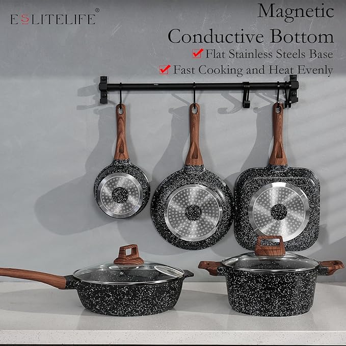 ESLITE LIFE Nonstick Cookware Sets, 9 Pcs Granite Coating Pots and Pans Set Kitchen Cooking Set, Compatible with All Stovetops (Gas, Electric & Induction), PFOA Free, Black