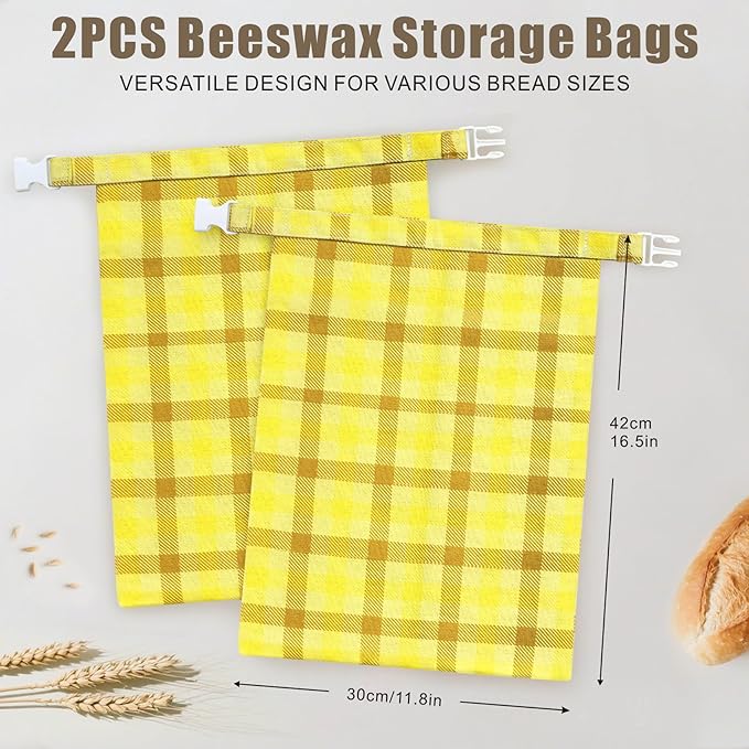 Mosucoirl Beeswax Bread Bags 2 Pack, Reusable Bread Storage Boxes for Homemade Sourdough, Cotton Food Bags Loaf Containers to Keep Fresh Large (Yellow)