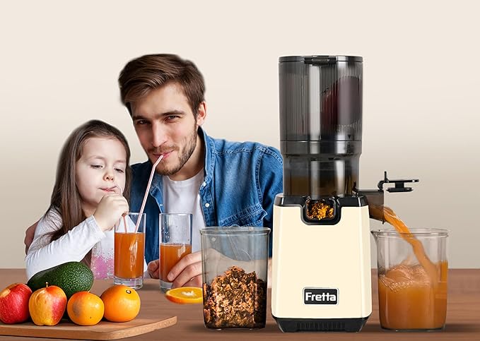 Cold Press Juicer Machines, Fretta 5.3'' Self Feeding Slow Masticating Juicers Fit Whole Fruits & Vegetable Easy Clean Juice Extractor,Tritan Material BPA Free, 250W, White