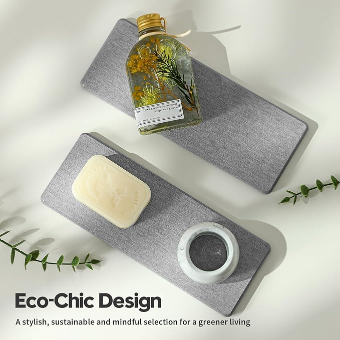 2PCS Bathroom Counter Vanity Trays, Water Absorbing Diatomite Stone Quick Drying Mat for Kitchen Sink Counter, Dish Rack Soap Dispenser Sponge Holder Caddy Organizer, Light Gray, 9"x 3.5"