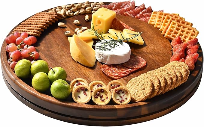 Shanik Acacia Wood Rotating Cheese Board – Lazy Susan Charcuterie Platter for Serving Cheese, Meats, Crackers, and Appetizers