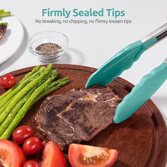600ºF Heat Resistant Kitchen Tongs: U-Taste 9+12 inch Silicone Cooking Tong Set with Firm Sealed Non Stick Rubber Tips and Silicon Coated 18/8 Stainless Steel Handle for Serving Grilling (Aqua Sky)