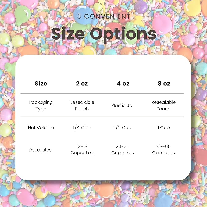 Sprinkle Pop Rainbow Birthday Sprinkle Mix| Red Orange Yellow Iridescent Rainbow Sprinkles with ~12 Royal Icing Balloons| Decorating Sprinkles Made in USA for Girl Boy Cakes Cupcakes Cookie Donut, 4oz