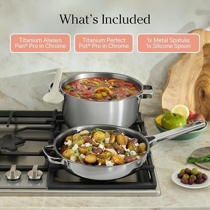 Our Place Titanium Pro Cookware Duo – Always Pan & Perfect Pot with Nonstick No-Coating Technology | Tri-Ply Titanium & Stainless Steel | Safe for Oven, Induction & All Cooktops up to 1000°F | Chrome