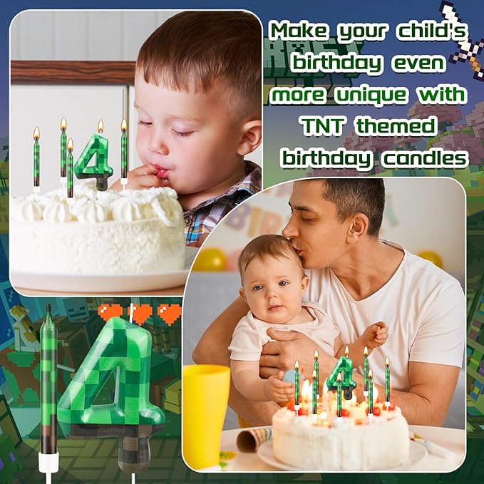 13 Pcs Dynamite Candles 12 TNT Themed Birthday Cake Candles and Number 4 Candle Cake Topper for Pixel Theme Birthday Party Anniversary Party Dynamite Theme Party Video Game Party Supplies (Number 4)