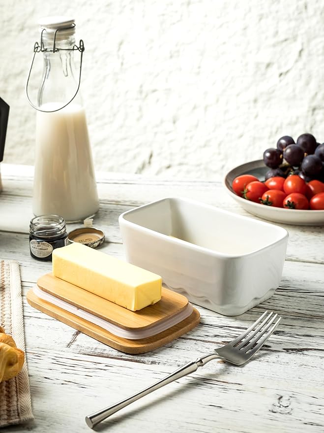 Covered Butter Dish for Countertop, Ceramic Butter Dish with Wooden Lid Airtight Butter Holder Container, Vintage HoneyBee Kitchen Decor, White