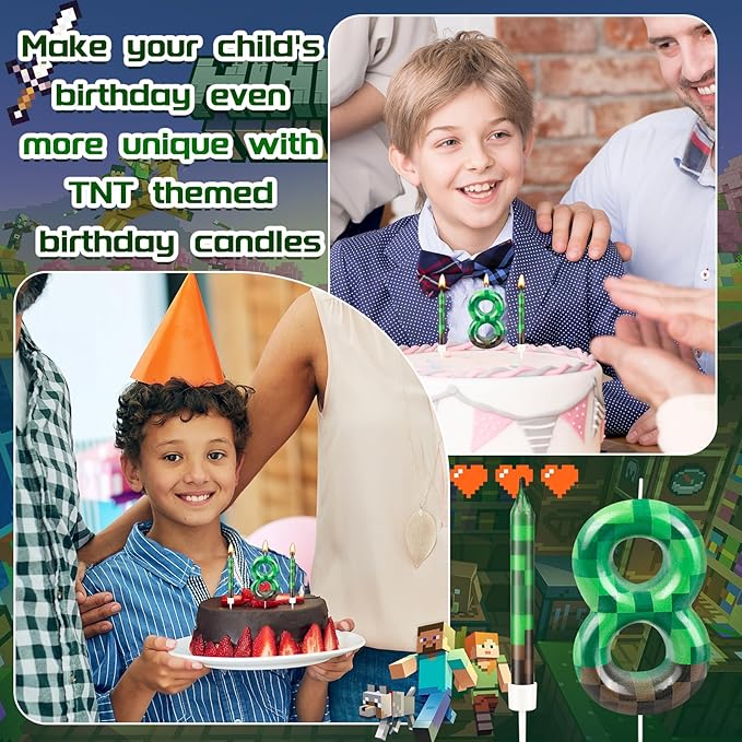 13 Pcs Dynamite Candles 12 TNT Themed Birthday Cake Candles and Number 8 Candle Cake Topper for Pixel Theme Birthday Party Anniversary Party Dynamite Theme Party Video Game Party Supplies (Number 8)